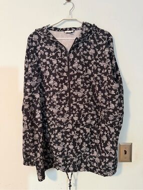 J Jill Fit Floral Hooded Half Zip WINDBREAKER XL Black White light pockets NWOT